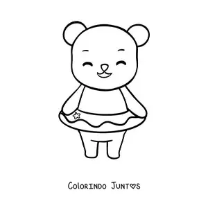 Desenho para colorir de um ursinho kawaii sorridente usando uma boia salva-vidas