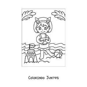 Desenho para colorir de uma menina comendo melancia ao lado de um castelo de areia na praia