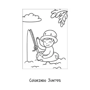 Desenho para colorir de um menino pescando no mar usando uma boia salva-vidas