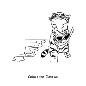 Desenho para colorir de um gato realista com óculos de sol na praia