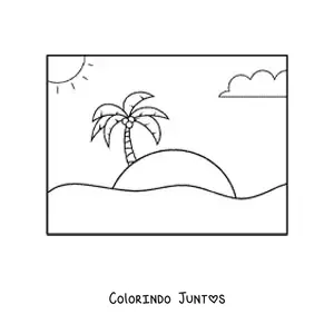 Desenho para colorir de uma praia, o sol e uma palmeira