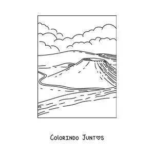 Desenho para colorir de uma paisagem com vulcão