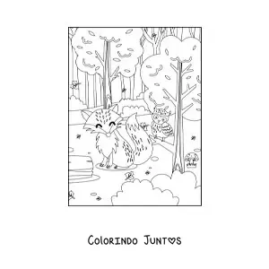 Desenho para colorir de uma raposa ao lado de uma coruja kawaii na floresta