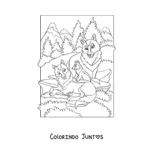 Desenho para colorir de três lobos ao lado de uma floresta