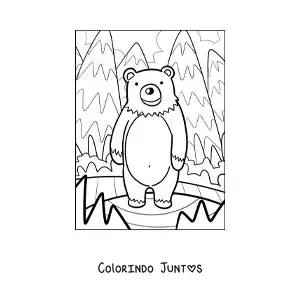 Desenho para colorir de um urso kawaii em uma floresta