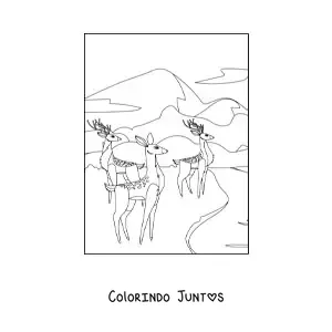 Desenho para colorir de uma manada de veados ao lado de uma floresta