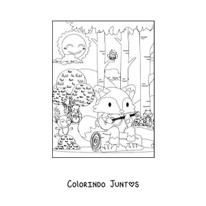 Desenho para colorir de uma raposa kawaii na floresta