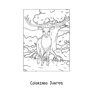 Desenho para colorir de um veado na floresta