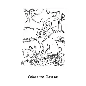 Desenho para colorir de dois coelhos na floresta