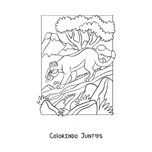 Desenho para colorir de um puma sobre um tronco na floresta