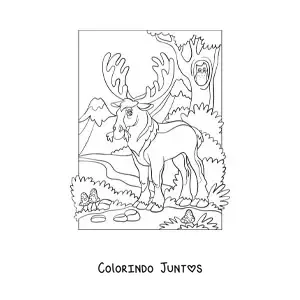 Desenho para colorir de um alce na floresta