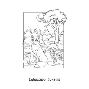Desenho para colorir de uma ninhada de lobos na floresta