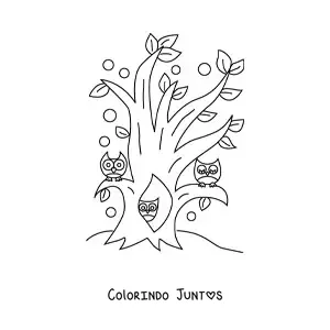 Desenho para colorir de várias corujas dentro de uma árvore na floresta