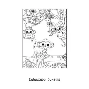 Desenho para colorir de três macacos kawaii na selva