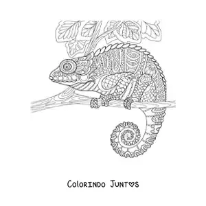 Desenho para colorir de um mandala com desenho de camaleão na selva