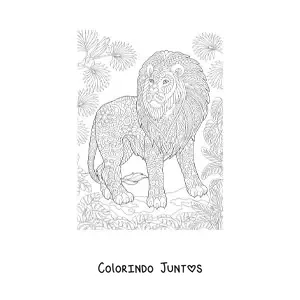 Desenho para colorir de um mandala com desenho de leão da selva africana