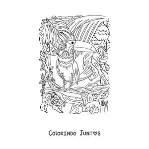 Desenho para colorir de um tucano na floresta tropical