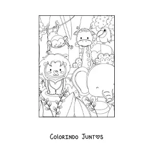 Desenho para colorir de vários animais da selva africana kawaii