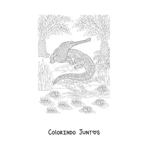 Desenho para colorir de um mandala com desenho de jacaré da selva tropical