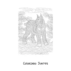 Desenho para colorir de um mandala com desenho de lince selvagem