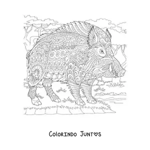 Desenho para colorir de um mandala com desenho de javali selvagem