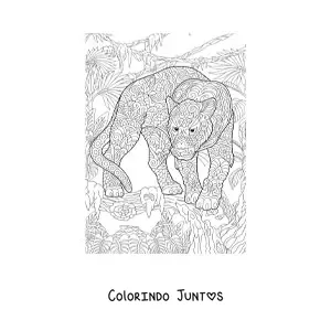 Desenho para colorir de um mandala com desenho de leopardo na selva