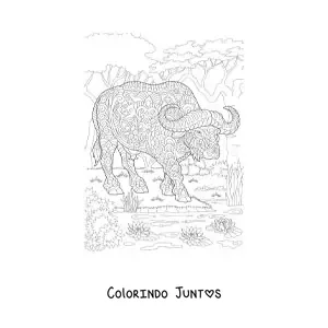Desenho para colorir de um mandala com desenho de búfalo selvagem