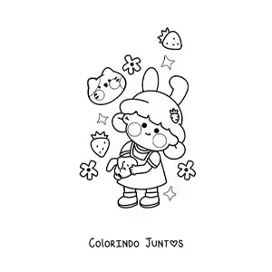 Desenho para colorir de uma menina cercada por morangos, estrelas, flores e um gatinho