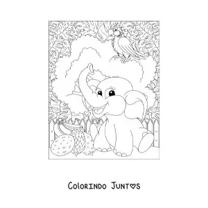 Desenho para colorir de um elefante kawaii na selva