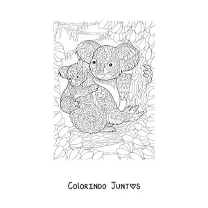 Desenho para colorir de um mandala com desenho de dois coalas na selva