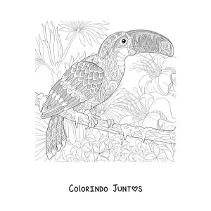 Desenho para colorir de um mandala com desenho de um tucano na selva