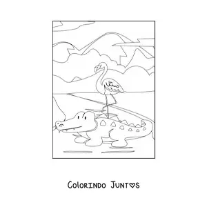 Desenho para colorir de um flamingo e um crocodilo selvagens ao lado de um lago