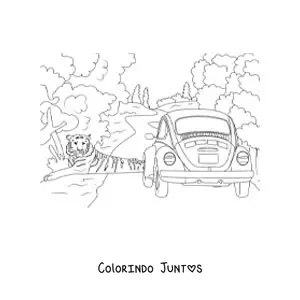 Desenho para colorir de um tigre selvagem ao lado de um carro em uma estrada no meio da selva