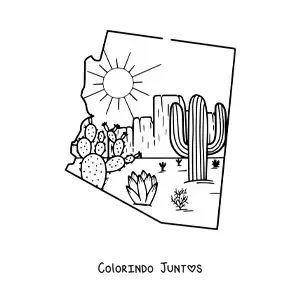 Desenho para colorir do mapa do Arizona com um desenho do deserto