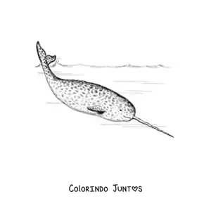 Desenho para colorir de um narval nadando no mar