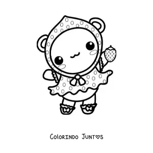 Desenho para colorir de uma ursinha animada kawaii fantasiada de morango