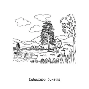 Desenho para colorir de uma paisagem com um lago
