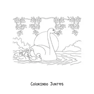 Desenho para colorir de vários cisnes nadando no lago