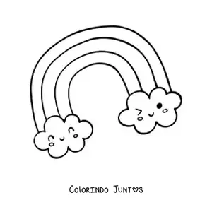 Desenho para colorir de um arco-íris kawaii com nuvens em desenho animado