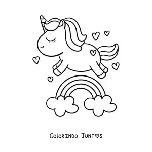 Desenho para colorir de um arco-íris com unicórnio kawaii e coraçõezinhos