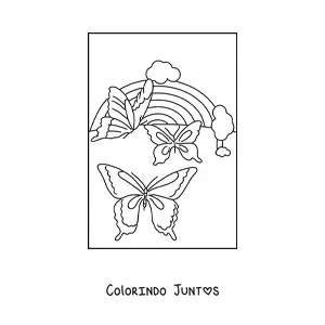 Desenho para colorir de um arco-íris com 3 borboletas grandes e nuvens