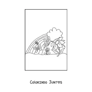 Desenho para colorir de um arco-íris com 2 flores, 3 borboletas pequenas e uma nuvem