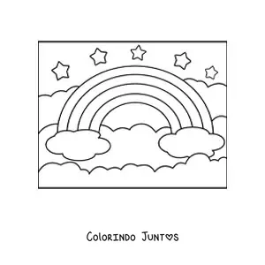 Desenho para colorir de um arco-íris grande com nuvens e estrelas