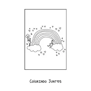 Desenho para colorir de 2 meninas sobre nuvens nas pontas de um arco-íris rodeado de corações