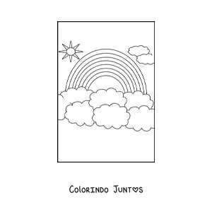 Desenho para colorir de um arco-íris grande rodeado de nuvens e o Sol