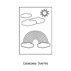Desenho para colorir de um arco-íris bonito com fundo de nuvens e Sol