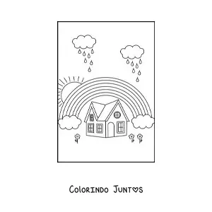 Desenho para colorir de um arco-íris sobre uma casa, com 2 nuvens chovendo e um Sol