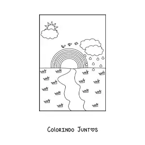 Desenho para colorir de paisagem com um arco-íris, chuva e Sol
