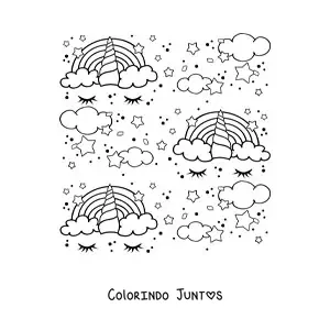 Desenho para colorir de um padrão de arco-íris em forma de unicórnio, nuvens e estrelas