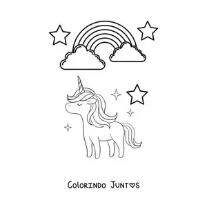 Desenho para colorir de um arco-íris com unicórnio e estrelas